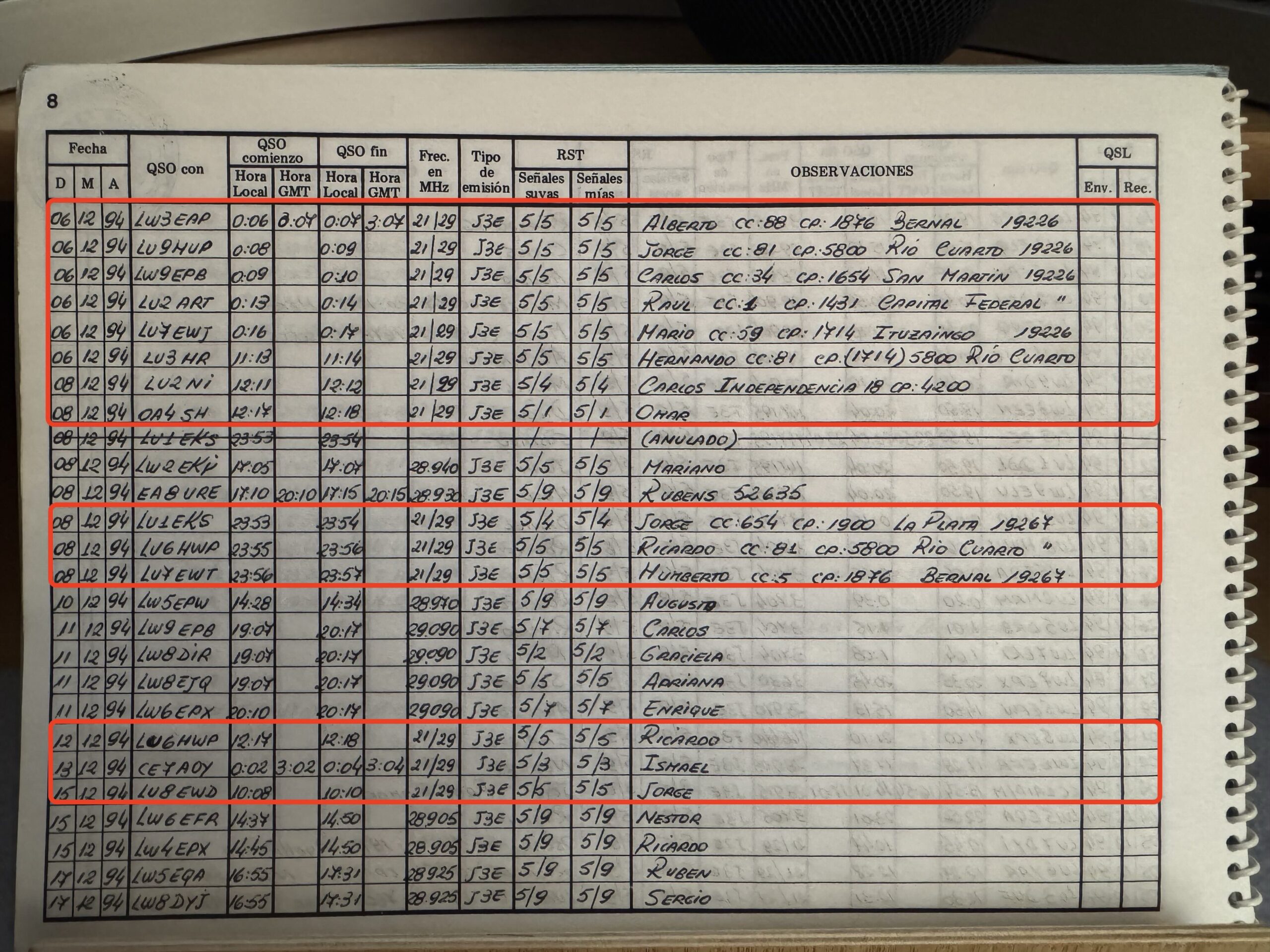 Libro de guardia cuando operaba desde Argentina como LW8EPW.