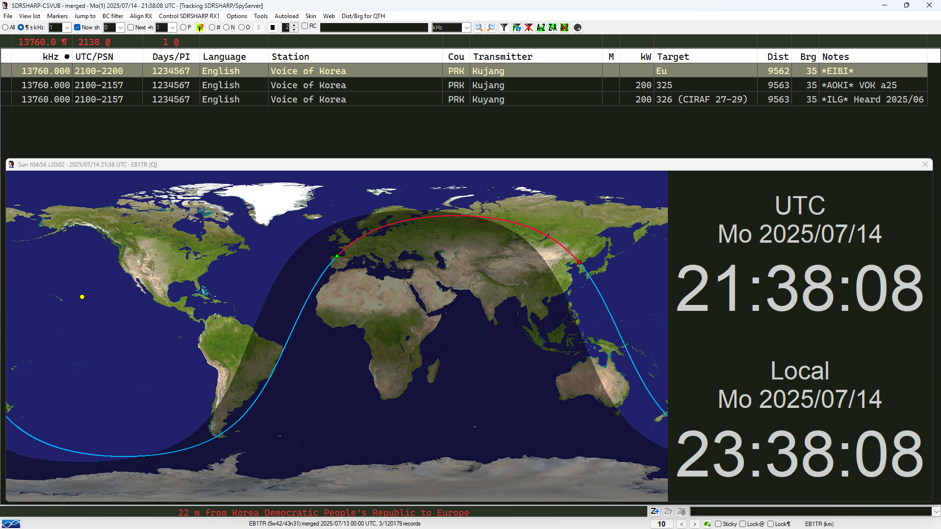 Captura de CSVUB, de DF8RY, con varias fuentes identificando "Voice of Korea"